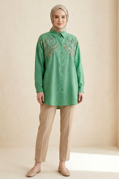 Kirazgym Women's Linen Fabric Button-Front Sequin Detailed Shirt Tunic - Green