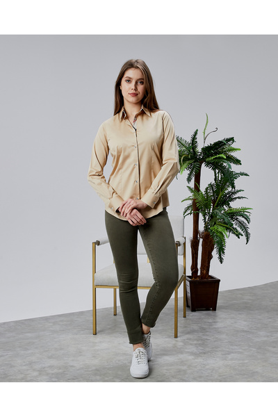 FARQIN Beige Cotton Satin Burbery Fabric and Button Detailed Slim Fit Women's...