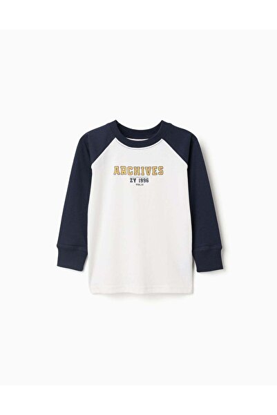 Ziddy Long Sleeve Cotton T-shirt for Boys, White/Dark Blue