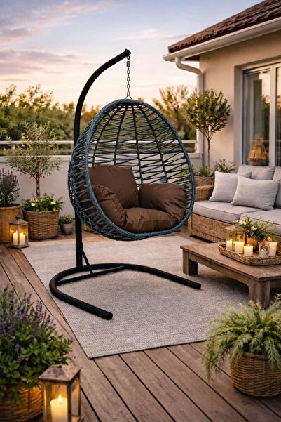 Alezy Armut Salıncak Tek Kişilik Minderli Makrome İp Örgü Bahçe-Balkon Asma S...