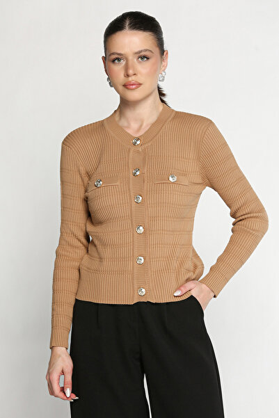 azragül giyim Crew Neck Buttoned Ribbed Knit Cardigan