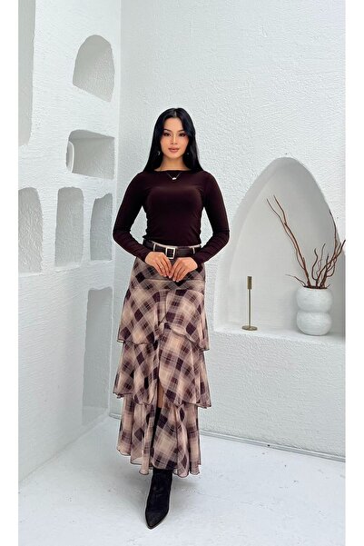 Nida Boutique Önden Yırtmaçlı Desenli Kat Kat Şifon Kemerli Etek