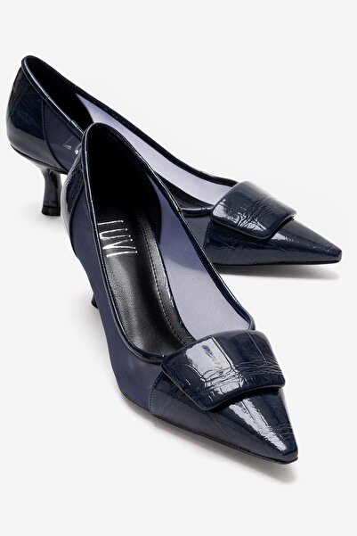 LuviShoes Ola Navy Blue Patent Leather Women's Heeled Shoes with Mesh Detail