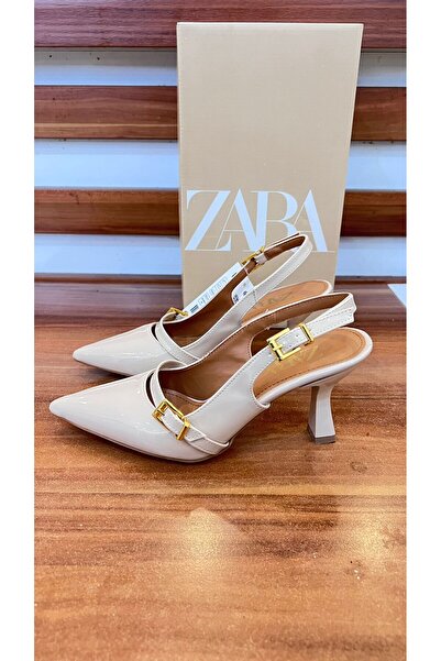 BENİM O AYAKKABI Women's Beige Patent Leather Buckle Open Back Heeled Shoes 7 cm