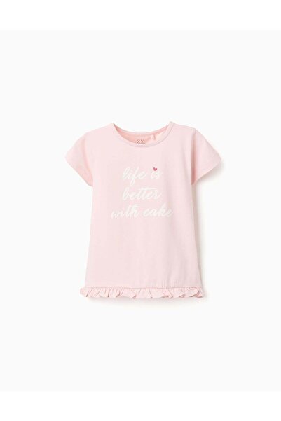 Ziddy T-shirt with Front Print and Ruffle Hem for Girls, Light Pink