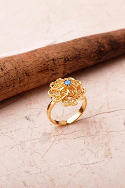 Sümer Telkari Taşlı Telkari Elişi Altın Kaplama 925 Ayar Gümüş Çiçek Yüzük 6000