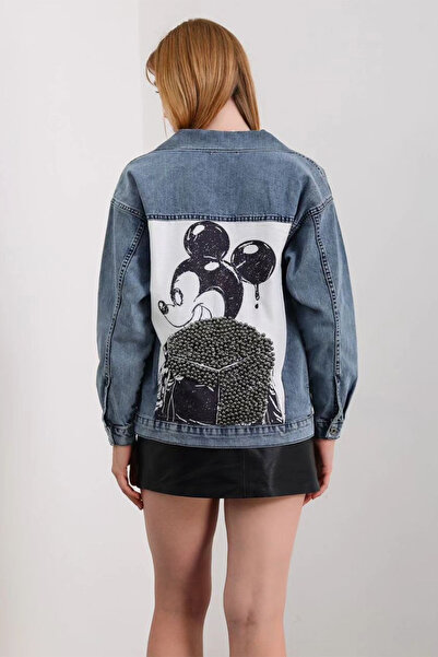 Hatun Atila Denim Jacket with Cartoon Character Print on the Back 7660