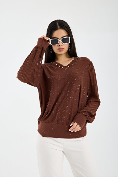 Moda Days Bluză de damă din tricotaj de viscoză, cu decolteu în V, cu detalii...