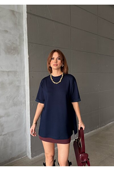 LE CARAMBOLE Tricou de damă, albastru marin, supradimensionat, cu decolteu ti...