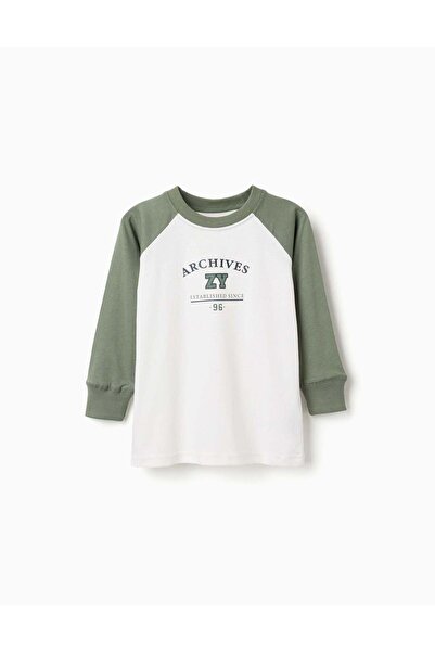 Ziddy Long Sleeve Cotton T-shirt for Boys, White/Green