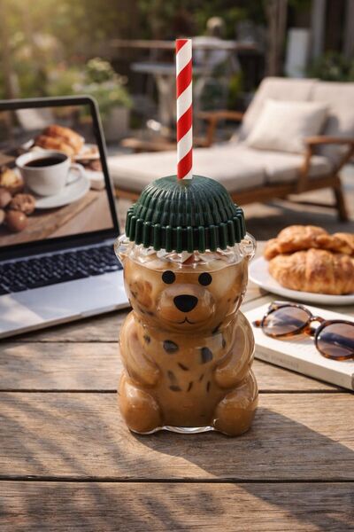 Ulus Home Barista Glass Cold Drink Cup with Teddy Bear Design 550ml