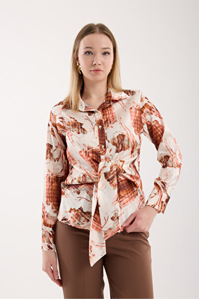 Moda Days Orange-Cream Patterned Front Tie Satin Shirt