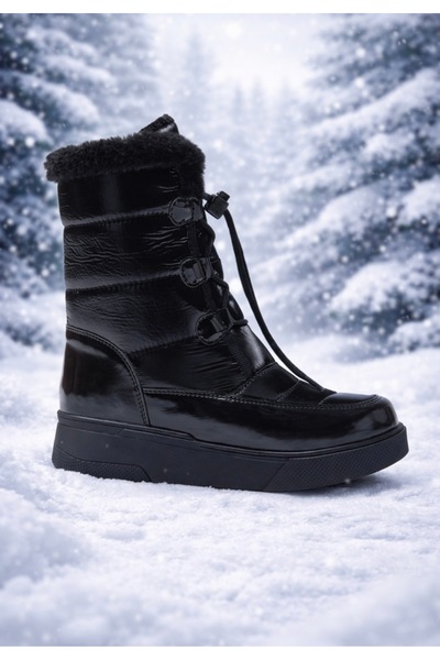 Anıl Ayakkabı Nk Women's Black Parachute Fabric Snow Boots with Fur Inside an...