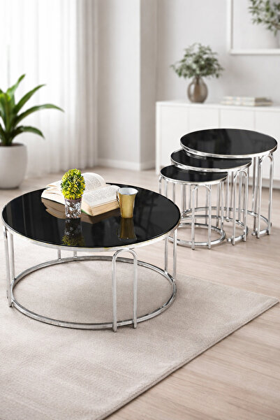 SEDAŞ LIVING UNITS 4 Lü Füme Ayna Gümüş Metal Ayaklı Ayna LENKA Model Sehpa T...