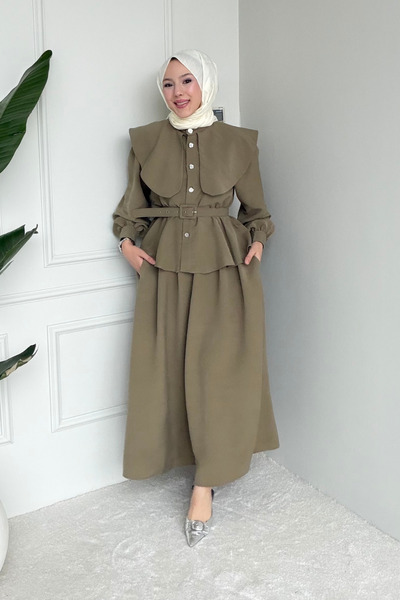 Tesettür Diyarı Σετ Τεσεττούρ με Υφασμάτινη Ζώνη Parin Tansel - Χακί