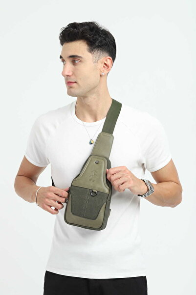 en deri Khaki Canvas Men's Shoulder Bag - Casual Crossbody Messenger Bag