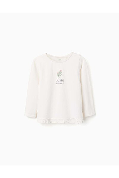 Ziddy Long sleeve T-shirt with flower print and ruffles for girls, white