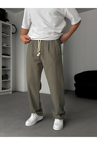 BYBASICMAN Хаки ленен панталон с широки крачоли TW-1008