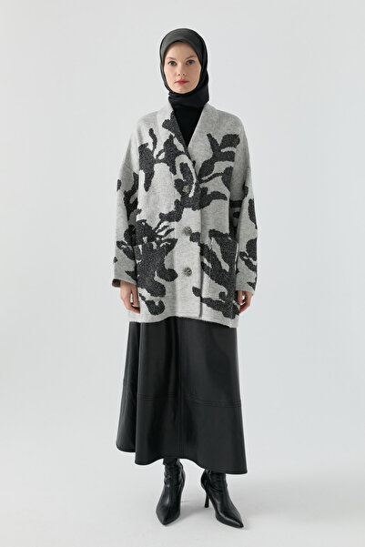 Tuğba Çiçek Desenli Triko Hırka - Gri