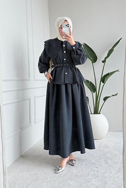 Tesettür Diyarı Σετ Τεσεττούρ με Υφασμάτινη Ζώνη Parin Tansel - Ανθρακί