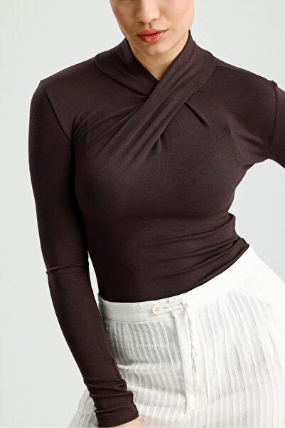 ROSE ARYA Coffee-Colored Collar Draped Long Sleeve Badi
