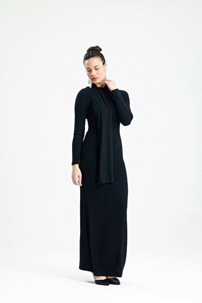 ROSE ARYA Black Collared Long Sleeve Dress with Scarf
