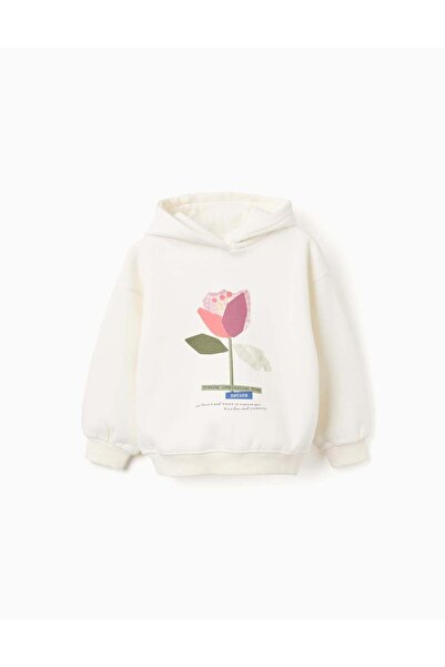 Ziddy Brushed hooded sweatshirt with flower print for girls, white