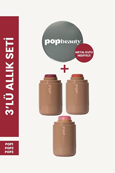 POP Beauty Yanak ve Dudak Renklendirici Stick Allık Seti (3 Renk Allık Ve Met...