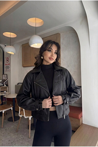 Laleli Butik Women's Black Oversized Leather Jacket