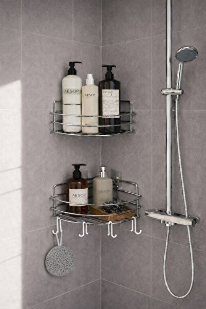 Sas Haus Chrome Corner Shower Shelf 2-in-1 Shampoo Holder 21 cm – Adhesive/Sc...