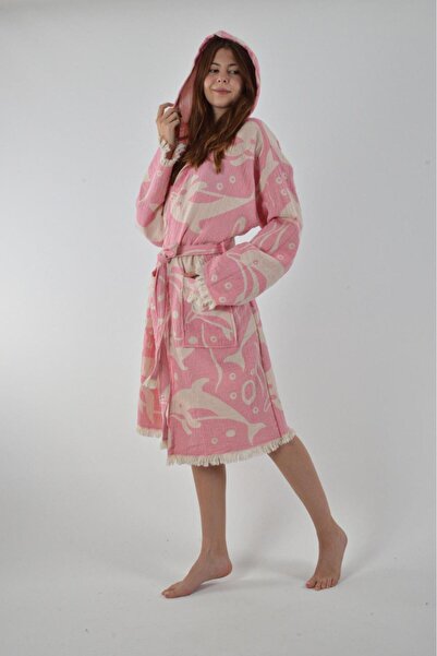 TARZ PEŞTEMAL %100 pamuk kapşonlu jagarlı müslin bornoz