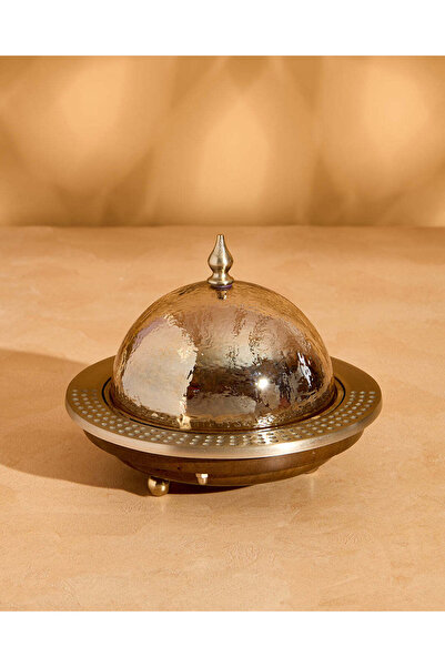 REDTAG Brown Wooden Round Platter with Gold Glass Dome