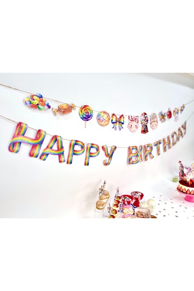 Flu Party لافتة عيد ميلاد كاندي شوب - زينة حفلات ملونة بتصميم الحلوى