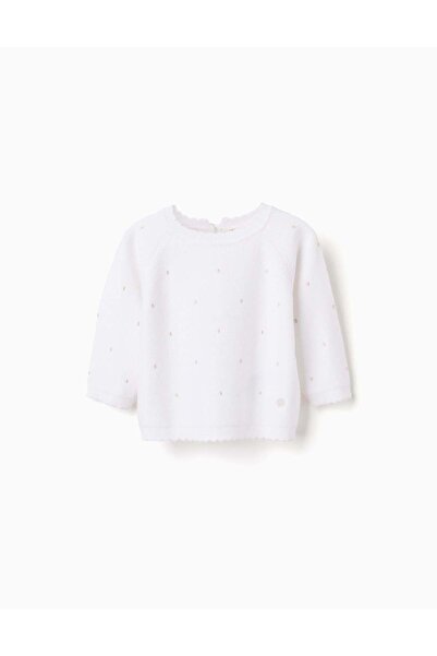 Ziddy Knitted jumper with wavy trim for newborn girls, white