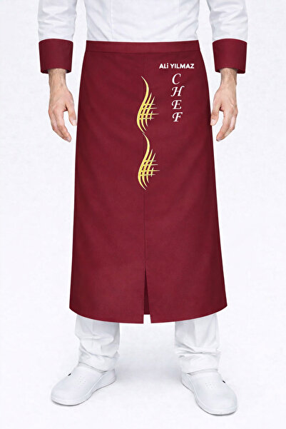 Üniformanya Burgundy Gold Embroidered Waist-Tied Chef's Apron with Name Gift,...