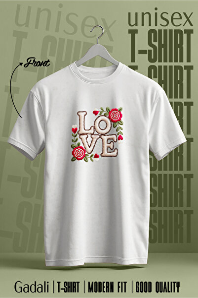 Gadali Unisex Embroidery Effect Love Flower Printed T-Shirt