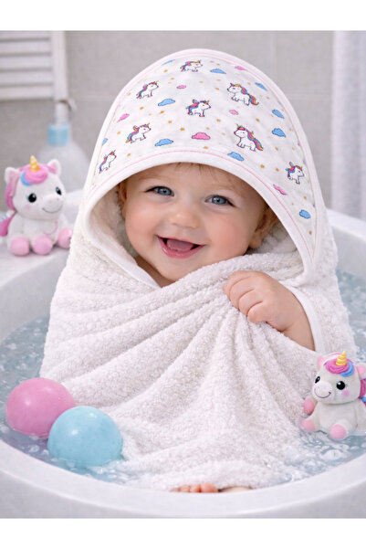 Tomuycuk Unicorn Patterned Hooded Baby Towel 100% Cotton 0-2 Years Old Hooded...