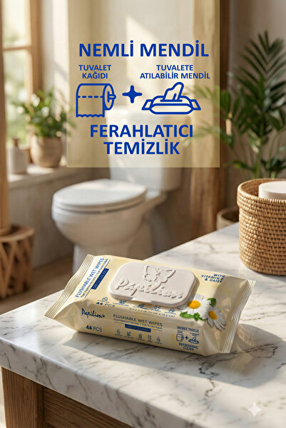 Papilion Klozete Atılabilir Islak Tuvalet Kağıdı 44'lü E Vitamini ve Papatya Alkolsüz pH Dengeli Nemli