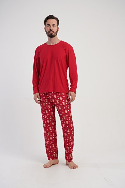 OBJE Men's Red Deer Pattern Long Pajama Pants with Pockets