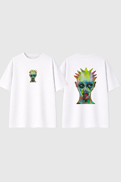 urbvn تي شيرت أبيض كبير الحجم مطبوع بتصميم Punk Face