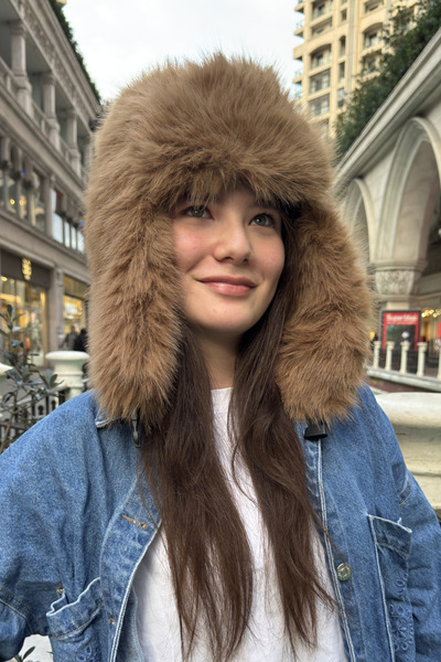 Mollycrush Camelplush Fur Young Pilot Hat - Soft Furry Earflap Ushanka