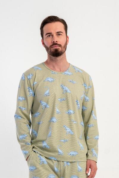 OBJE Men's Green Lycra Polyviscon O-Neck Long Sleeve Pajama Top