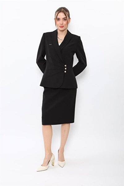 ÖNDER ÖZSOY Shawl Collar Double Breasted Model Jacket & Short Pencil Skirt Wo...