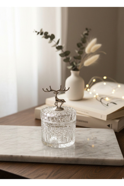 Furkan DEKORATİF KRİSTAL KÜÇÜK BOY YUVARLAK CAM ŞEKERLİK GEYİKLİ GÜMÜŞ