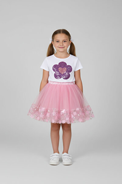 FATELLA طقم تي شيرت بناتي أرجواني مزين بالترتر والزهور مع تنورة منفوشة من الت...