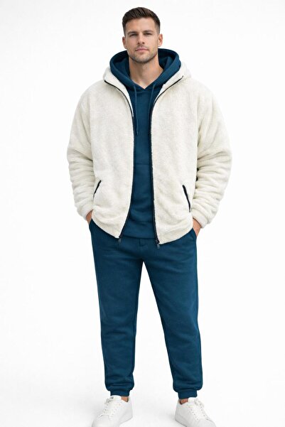 WENMİNG Men's 3 Threaded Sweatpants Set + Zippered Plush Jacket 3-Piece Combi...