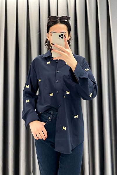 Mistix Cat Embroidered Basic Shirt - Navy Blue Navy Blue