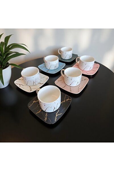 Malooki Set of 6 Multicolored Cups with Saucers, Modern Marbled Design, Premi...