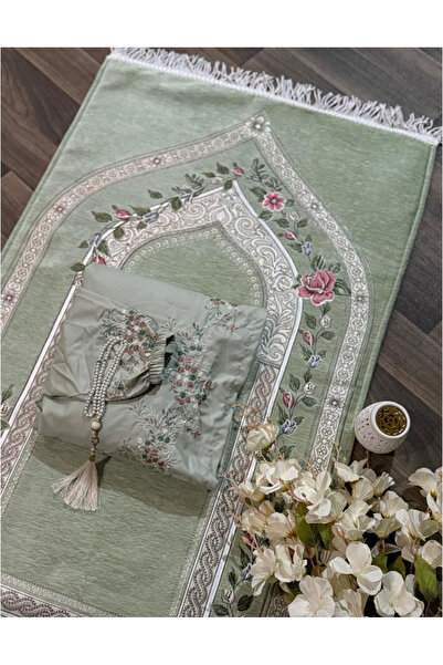 Gerenic سجادة صلاة خضراء فاتحة مع طقم صلاة مطرز.