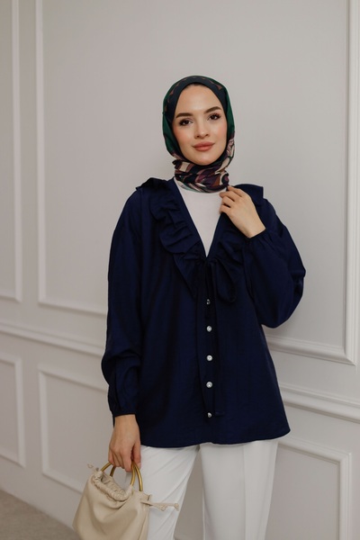 MOONSC Women's V-Neck Front Ruffle Detailed Hijab Shirt